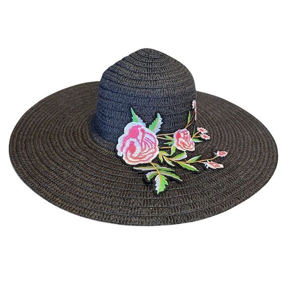 Y2K Black with Pink Floral Embroidered Applique Oversized Straw Floppy Hat - Picture 8 of 11
